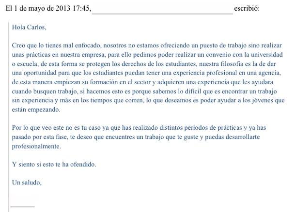 La respuesta ejemplar de un joven a una oferta de prácticas sin remunerar La respuesta ejemplar de un joven a una oferta de prácticas sin remunerar