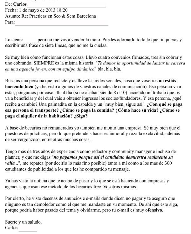 La respuesta ejemplar de un joven a una oferta de prácticas sin remunerar La respuesta ejemplar de un joven a una oferta de prácticas sin remunerar