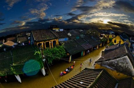 Overhead View of Flooding Through Hoi An Streets, Vietnam