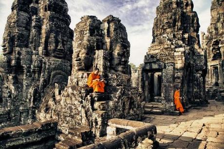 Boy Monks (10-12) reading  in Bayon Temple, Angkor Wat, Cambodia