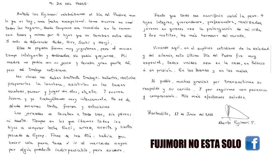 CARTA DE ALBERTO FUJIMORI RECORDANDO COMO CELEBRABA EL DÍA DEL PADRE CUANDO ERA LIBRE