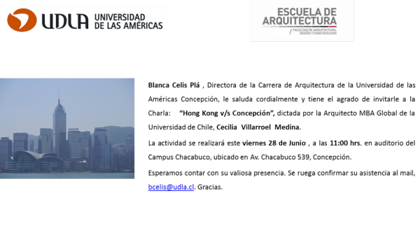 Segunda Charla del Ciclo de Extensión Arquitectura UDLA: “Hong Kong v/s Concepción” invitacion_charla