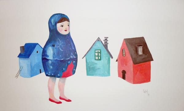 Matrioska y casas por la pintora Lara Pintos