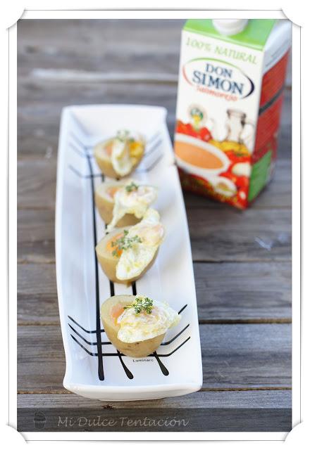 Patatas Rellenas de Salmorejo Don Simón con Huevo de Codorniz Patatas Rellenas de Salmorejo Don Simón con Huevo de Codorniz
