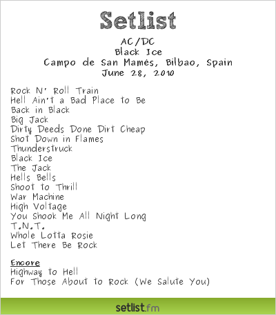 AC/DC: el rugido del rock (Bilbao,28/06/2010) AC/DC Setlist Campo de San Mamés, Bilbao, Spain 2010, Black Ice European Tour