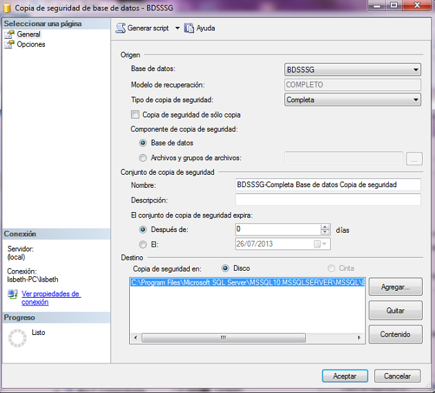 Ventana de opciones para el Backup Ventana de opciones para el Backup