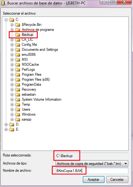 seleccionado carpeta Backup seleccionado carpeta Backup