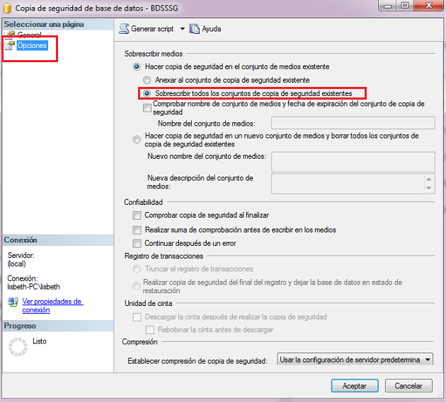 Opciones de guardado del backup Opciones de guardado del backup