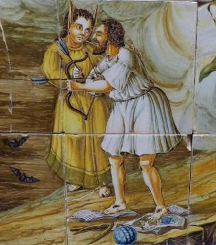 Azulejos alegóricos de la verdad y la ignorancia en Valencia Detalle Panel VerdadIgnorancia