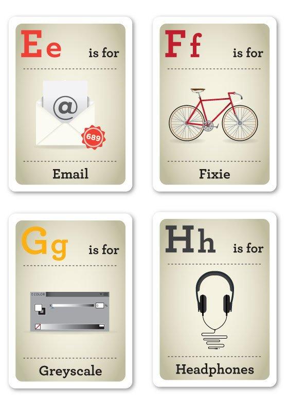 Excelente tarjetas didácticas con ejemplos para los Nerds del diseño alfabeto-hipster-e-h