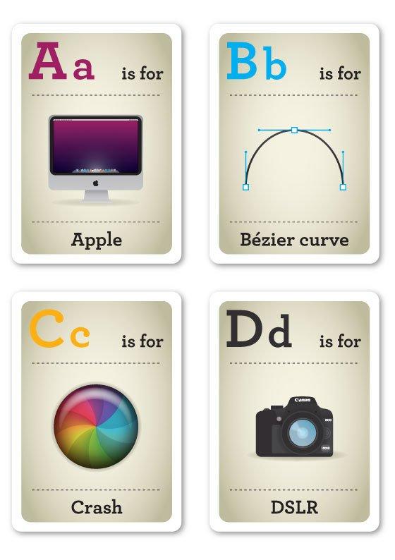 Excelente tarjetas didácticas con ejemplos para los Nerds del diseño alfabeto-hipster-a-d