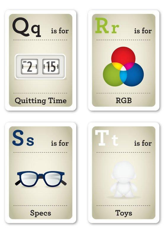 Excelente tarjetas didácticas con ejemplos para los Nerds del diseño alfabeto-hipster-q-t