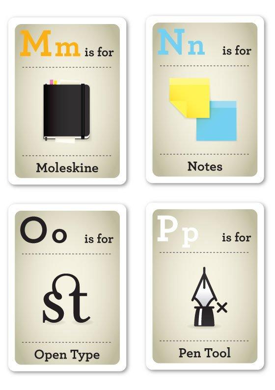 Excelente tarjetas didácticas con ejemplos para los Nerds del diseño alfabeto-hipster-m-p