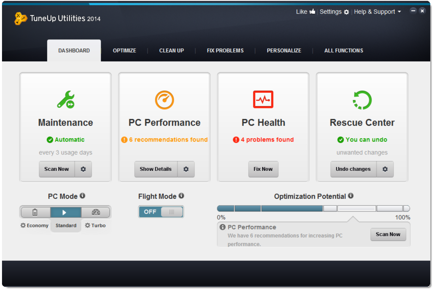 El nuevo TuneUp Utilities™ 2014 presenta Duplicate Cleaner, Flight Mode y una Interfaz completamente renovada Pantalla Principal TuneUp Utilities 2014
