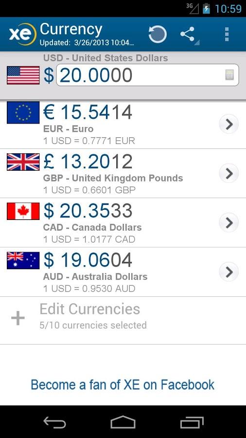 Aplicaciones Android para viajeros XE conversor de divisas