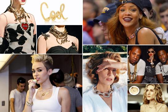 LAS TENDENCIAS PARA EL OTOÑO Del collar ID de Céline con forma de cadena que Rihanna o Kim Kardashian no se cansan de lucir, a la tendencia nameplate que impuso Carrie Bradshaw. La temporada que viene vista por Lanvin o Miley Cyrus no entiende de sobriedad y nos proponen adornar nuestro look con colgantes dorados que harían palidecer a Jay Z o M.A. Barracus. No se trata de hacerse con un colgante con el signo de dólar pero sí de hacer toda una declaración de intenciones con mensajes 'cool' o gargantillas choker.