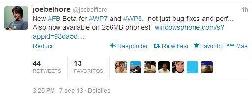 Microsoft actualizó la app de Facebook para WP7 y 8, ahora soporta terminales con 256MB de RAM twitter-joel-belfiore-facebook-microsoft