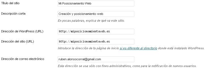 Cómo configurar WordPress y mi posicionamiento web (I) Ajustes Generales WordPress