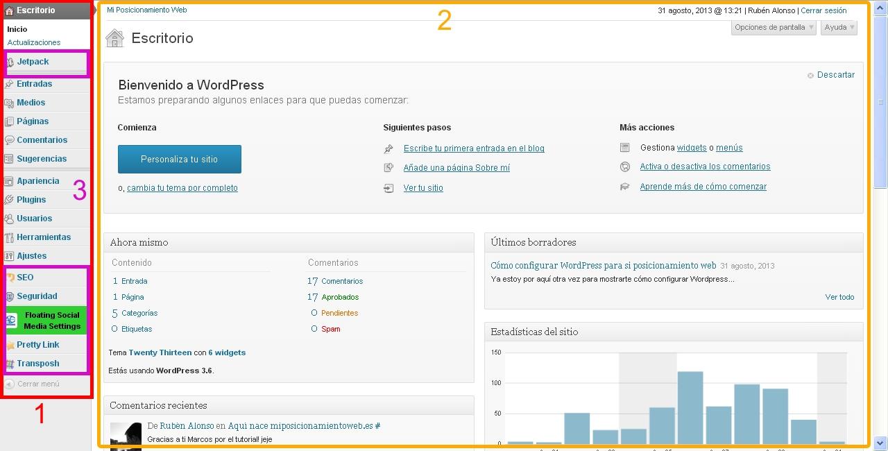 Cómo configurar WordPress y mi posicionamiento web (I) Panel de control WordPress