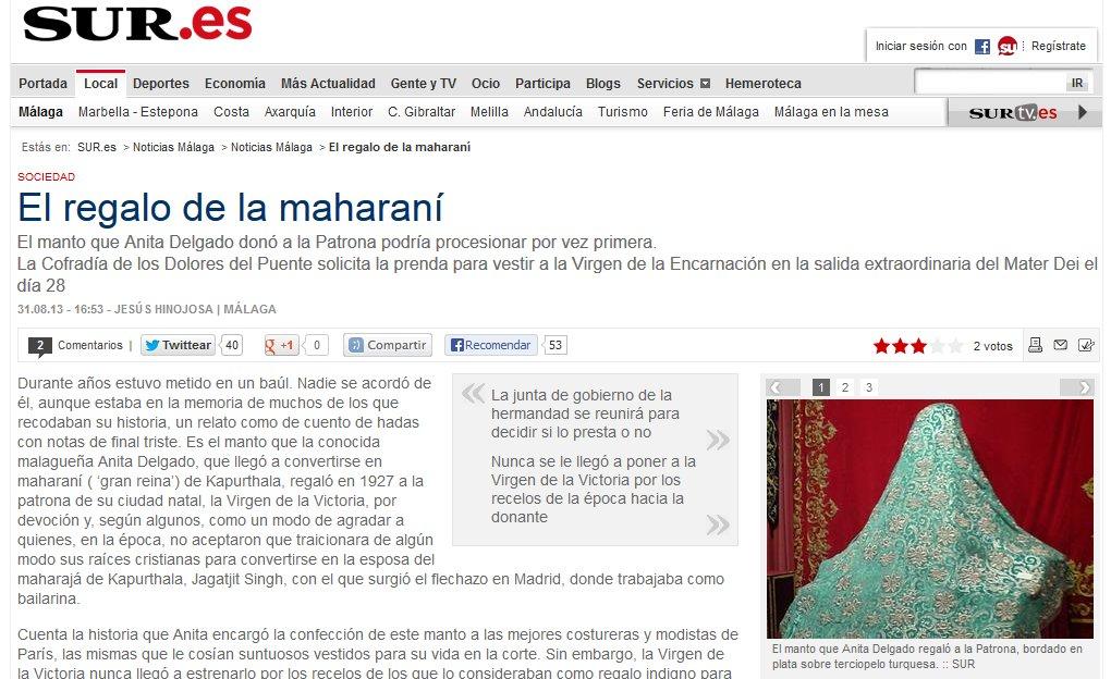 La princesa de Kapurthala era malagueña El diario Sur de Málaga, ciudad natal de Anita nos habla de un manto que le regaló a una Virgen.
