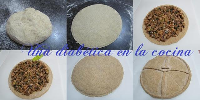 Empanada de calabacín, champiñones y pollo con masa de harina integral apta para diabéticos Empanada de calabacín, champiñones y pollo con masa de harina integral apta para diabéticos