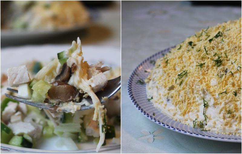 Ensalada con pollo, pepino, champiñones y queso catsffff