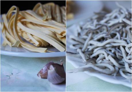 Pasta con gambas y gulas al ajillo cats