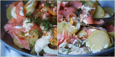 Ensalada con salmón ahumado, patatas y huevo page