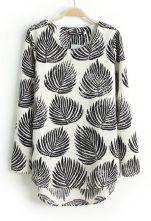Hello October Black Long Sleeve Leaves Print Dipped Hem Blouse