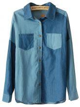 Hello October Dark Blue Long Sleeve Contrast Panel Denim Blouse