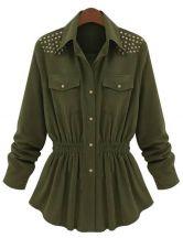 Hello October Green Long Sleeve Rivet Elastic Waist Outerwear