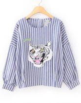 Hello October Blue White Vertical Stripe Tiger Print Blouse