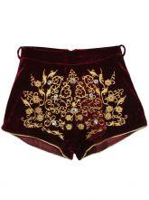 Hello October Wine Red Beading Metallic Yoke Embroidery Shorts