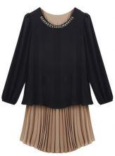Hello October Black Long Sleeve Contrast Pleated Chiffon Dress