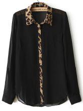 Hello October Black Long Sleeve Contrast Leopard Lapel Blouse