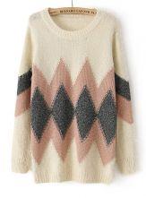 Hello October Beige Long Sleeve Geometric Pattern Knit Sweater