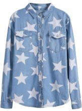 Hello October Blue Long Sleeve Stars Print Denim Shirt