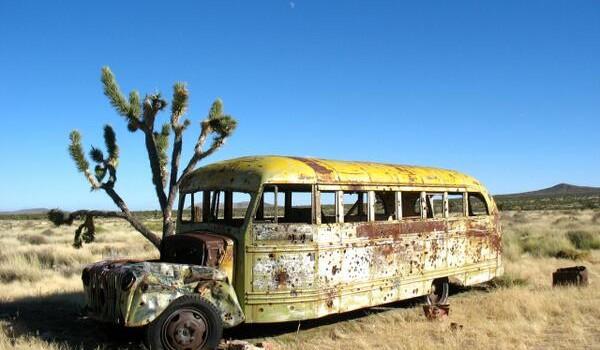 Haikyo, turismo en lugares abandonados Abandoned bus near a Joshua tree. Mojave Desert, California