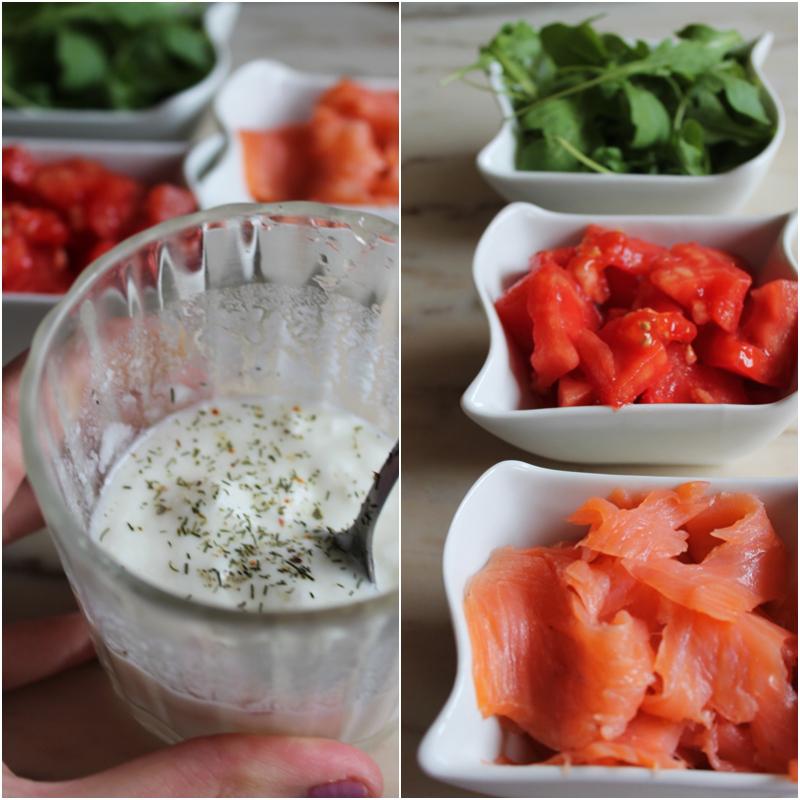 Fajitas con rúcula, salmón ahumado, aguacate, tomate y salsa de yogur cats