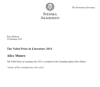 Alice Munro, Premio Nobel de Literatura 2013