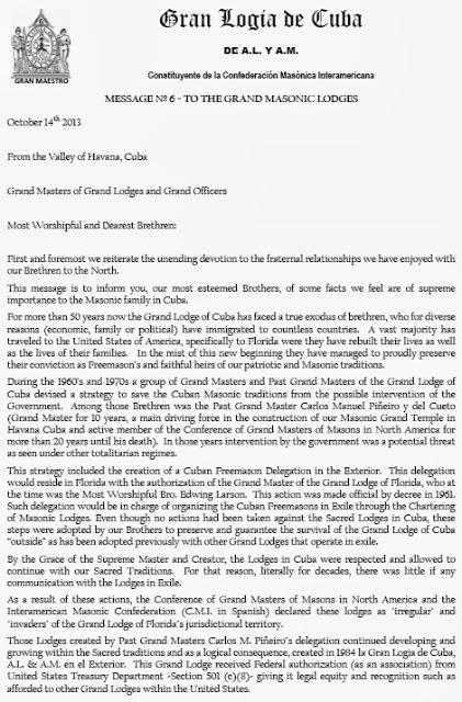 A las Potencias Masónicas de la Amistad. Mensaje Nº 6, del MRGM. de la Gran Logia de Cuba, MRH. Evaristo Rubén Gutiérrez Torres