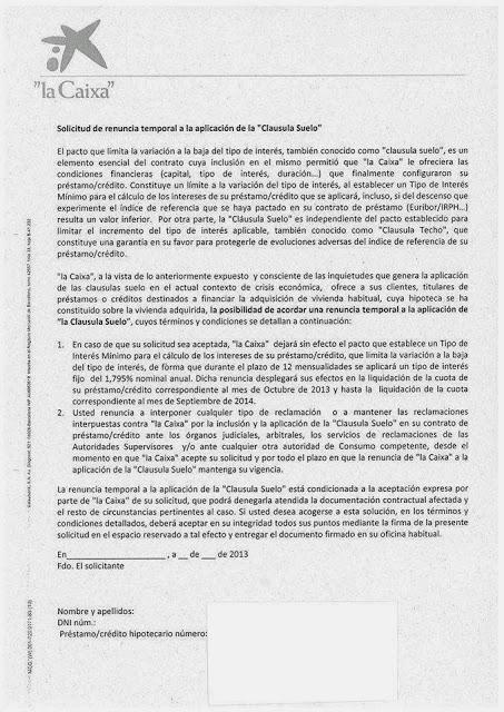 Carta de la Caixa proponiendo la eliminación temporal de las clausulas suelo en sus hipotecas