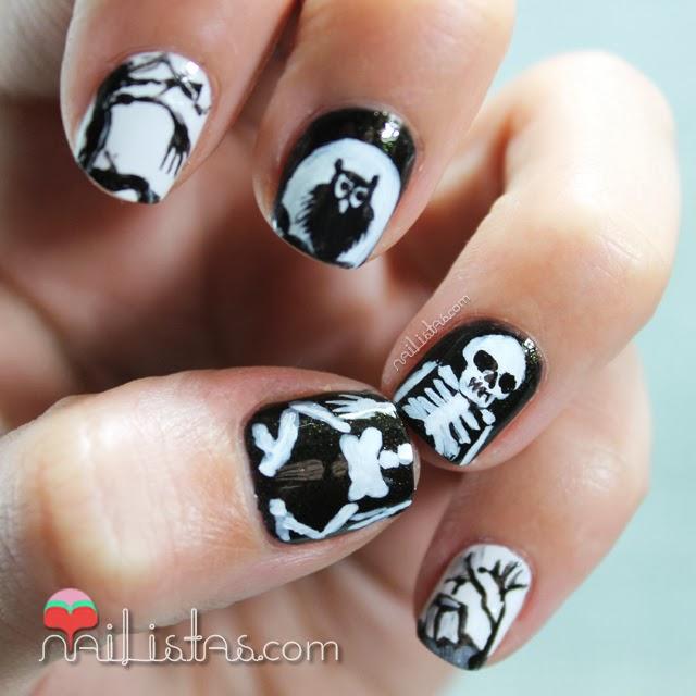 Uñas decoradas con esqueleto, búho y ramas para Halloween Uñas decoradas con esqueleto, búho y ramas para Halloween