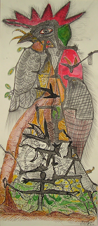 Romance de Don Gallo y Codorniz. (Técnica mixta. 30 x 62 Cms.)