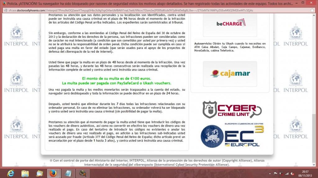 La policía bloquea tu navegador Según esta pantalla he cometido todos los delitos posibles que se puedan cometer en internet.