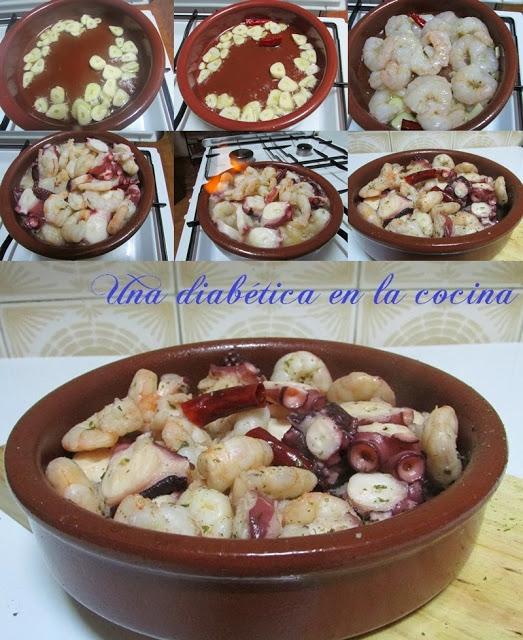Cazuelita de pulpo y langostinos al ajillo Cazuelita de pulpo y langostinos al ajillo