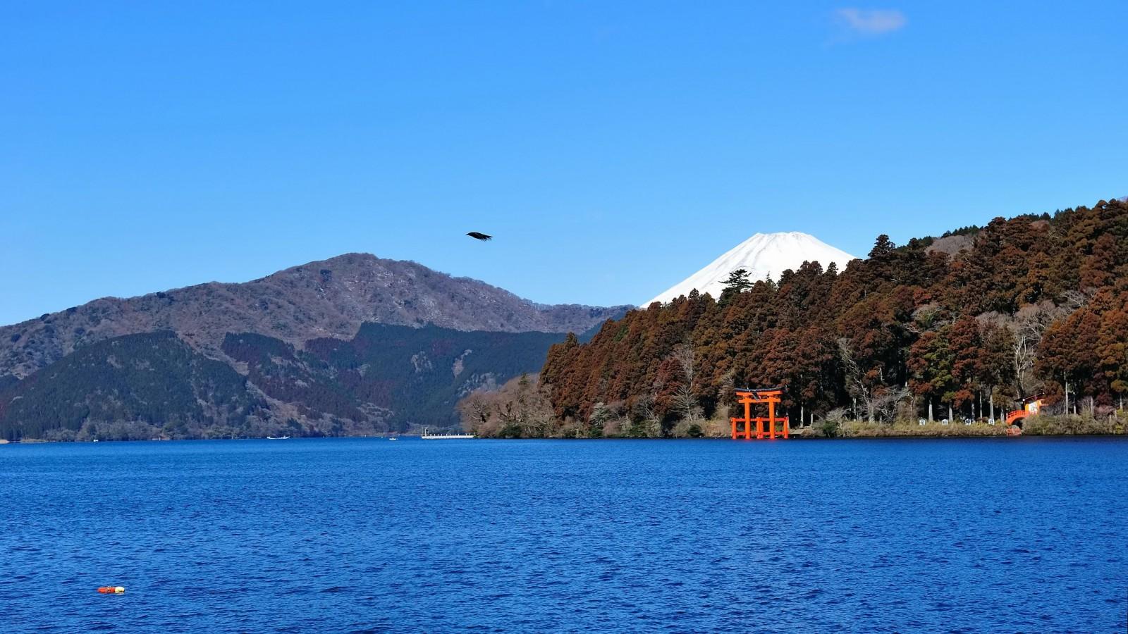 Hakone Hachidan Taikai: el taikai de los titanes Torii del Hakone jinja en el lago Ashi y vista del Monte Fuji