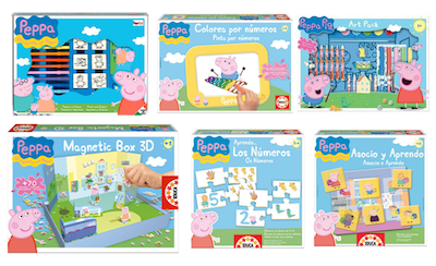 seis juguetes de peppa pig, puzzle peppa pig, colorea por número peppa pig, art pack Peppa Pig, magnetic box 3D Peppa Pig, aprendo los número Peppa Pig, Asocio y aprendo con Peppa Pig