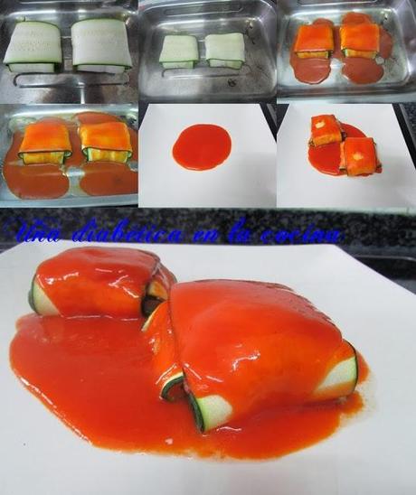 Raviolis de calabacín rellenos de merluza con salsa de tomate y pimientos asados. Raviolis de calabacín rellenos de merluza con salsa de tomate y pimientos asados.