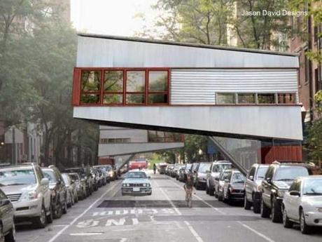 Imagen procesada por computadora muestra una vivienda proyectada sobre una calle de Nueva York Casa árbol urbana en Nueva York renderizado de un proyecto